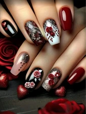 Press-On Nails Gothic Styled Black/Red Roses & Lace Medium/Long - Squared Finish