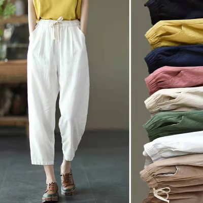 Women Cotton Linen Harem Pants High Waist Loose Casual Summer Beach Trousers