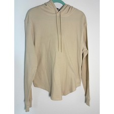 Waffle Knit Thermal Hoodie Tan Beige Curved Hem Long Sleeve Pullover