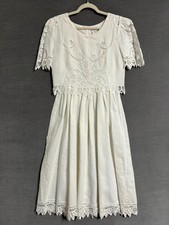 Vintage Plaza South Dress 10 Off White Ramie Cotton Lace Cottage 80s 90s Midi