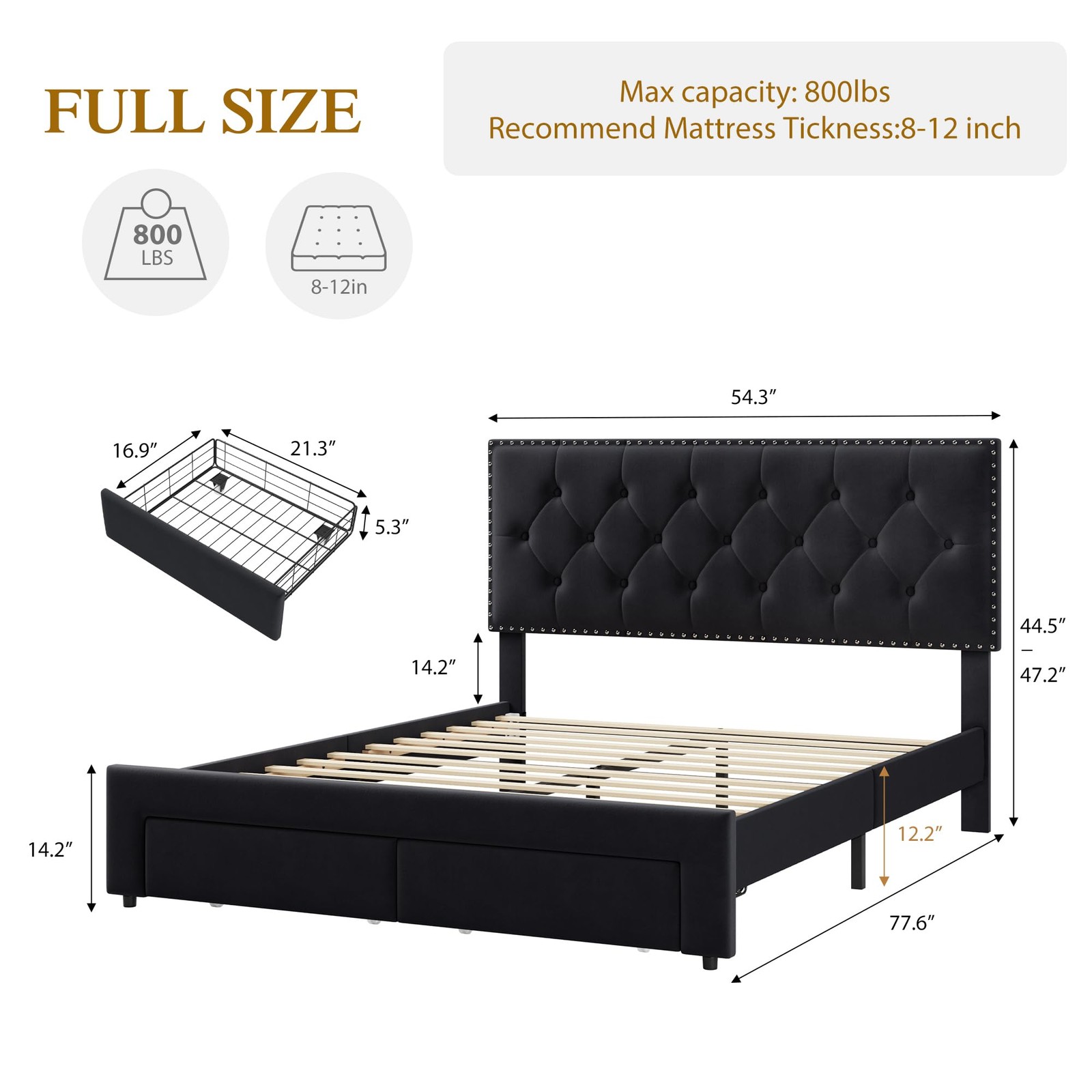 Headboard & 2 Drawers,platform Bed Full Queen King Size