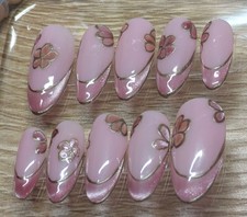 Pink Floral French Tip Medium length Almond Press-On Nails with Gold Outline