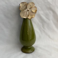 Vintage Fahrenheit CA Green Bud Vase with White Flower Attached 6" Tall