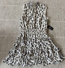 Express Medium Animal Print Tiered Sleeveless Smocked Mock Neck Dress Leopard