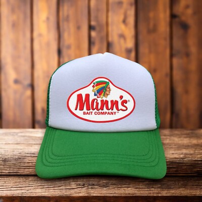 Mann's Bait Co. Fly Fishing Mens Trucker Hat Green Snapback Hooks Reels Ball Cap