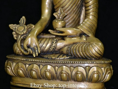 7" Old Tibet Tibetan Copper Seat Lotus Menla Medicine Buddha Medical God Statue - Picture 8 of 9