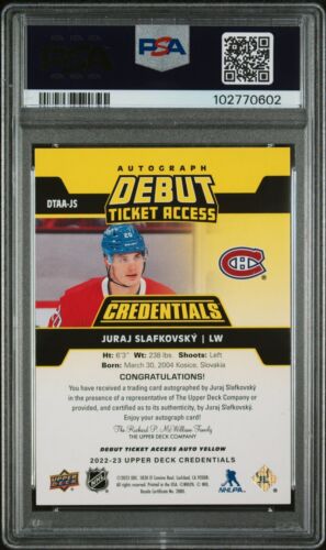 2022 CREDENZIALI JURAJ SLAFKOVSKY BIGLIETTO DEBUTTO GIALLO RC AUTO /75 PSA 10, POP 3! - Foto 2 di 2