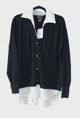 BLOOMINGDALES Size L 100% Cashmere Twofer Button Sweater Top NWT $198 Black C47
