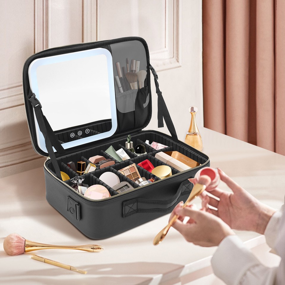 Travel Makeup Train Case Storage Bag With Mirror+Lights Cosmetic Bag