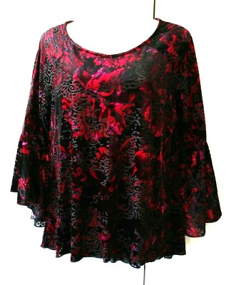  NEW WOMEN'S CUPIO BLACK AND RED 3/4 BELL SLEEVE HI LO BURNOUT TOP SIZE M  BNWT