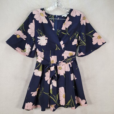 favlux blue floral dress Womens Rompers Size S Clad & Cloth Kimono Tie Shorts Colour:White/Blue line silhouette Square neckline Blue & Black Geometric Bridal Shower Dress