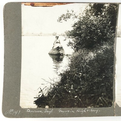 Aurora Illinois Rock Girl Stereoview c1905 Tatro Child Sitting Photo Park H925