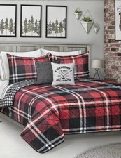New Classic Plaid Reversible Printed TWIN Quilt Sham Set Christmas Red Black