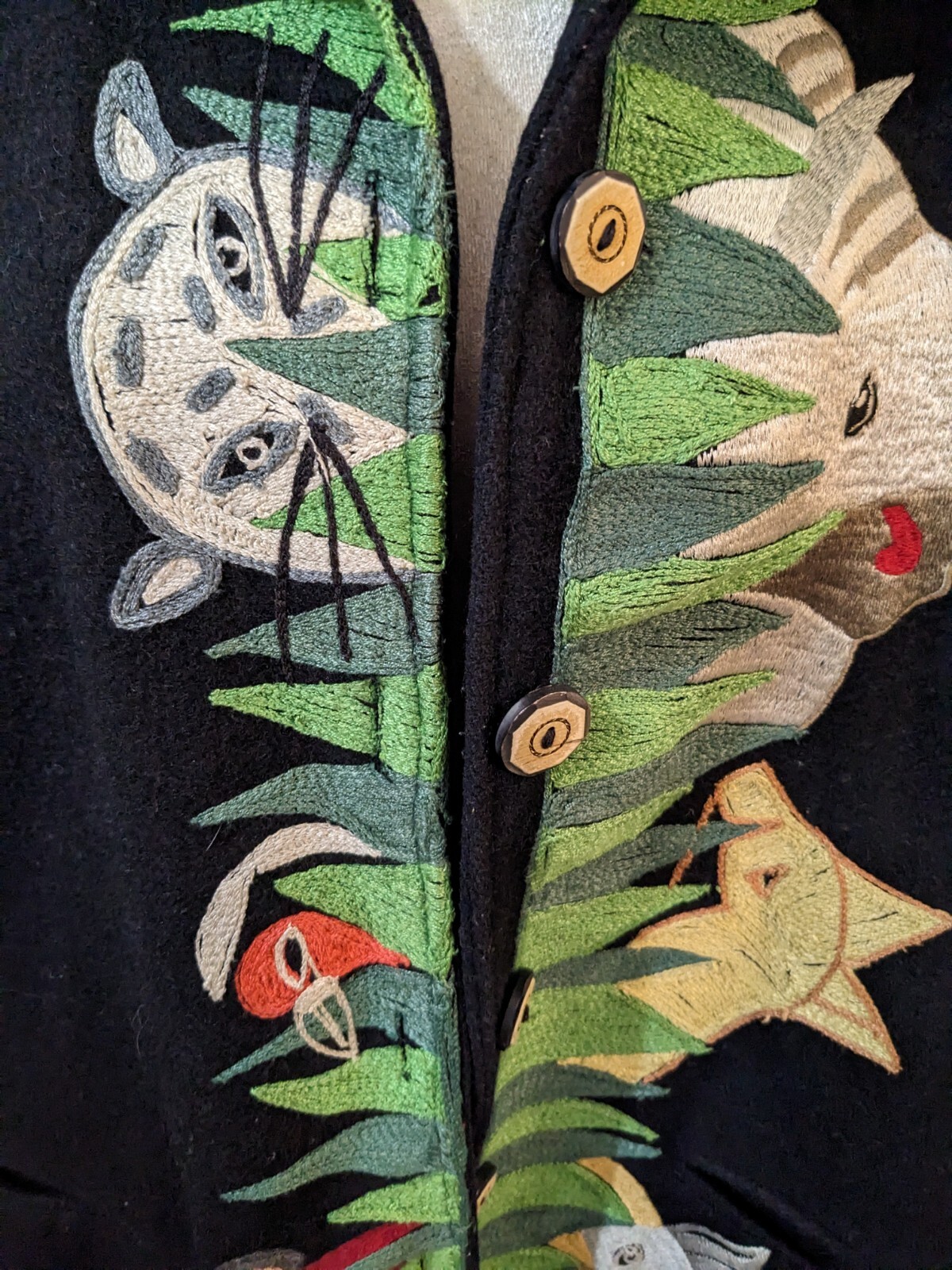 RARE VTG Anage Jacket Jungle Animals Black Embroidered Applique Sz 2X ...