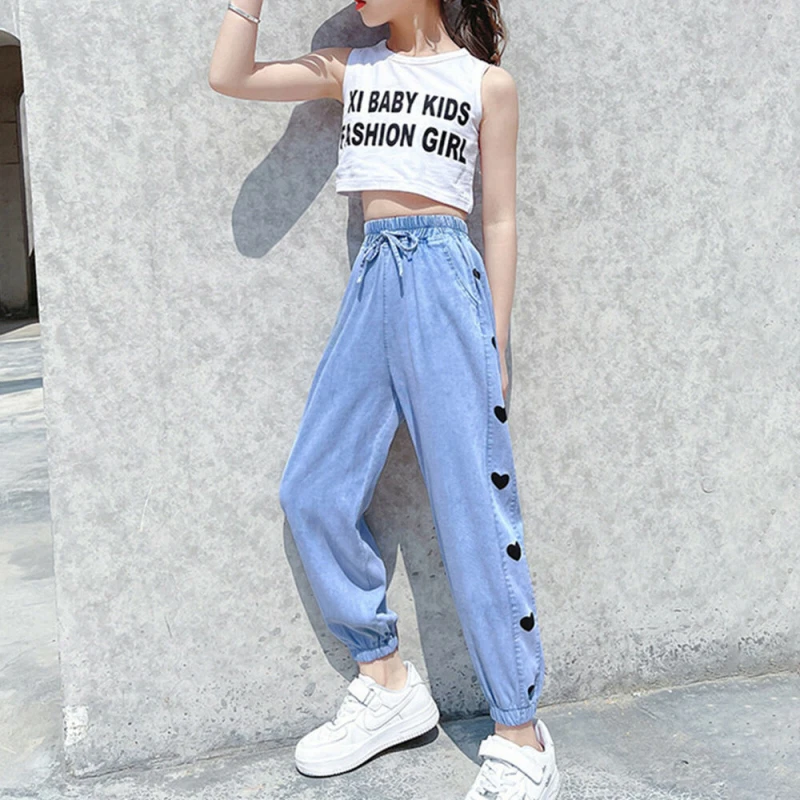 Kids Elastic Waist Loose Jeans Trousers Jogger Girls Casual Denim Wide Leg  Pants