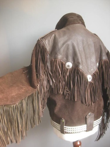 VINTAGE COWBOY LEATHER FRINGE JACKET 42 44 hells angel heavy rock biker ASHY men - Picture 15 of 24