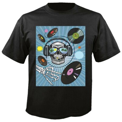 T-Shirt SKULL KOPFHÖRER VINYL SCHALLPLATTE LANGSPIELPLATTE TECHNO JAZZ FUNKY