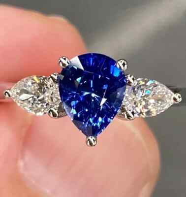 1.50 Ct Pear Cut Natural Sapphire Diamond Wedding Ring 18K Real White Gold 6 7 8