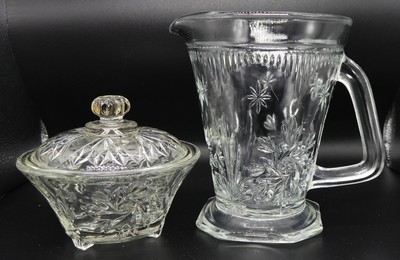 Vintage Anchor Hocking Klar Pressglas Krug & Süßigkeiten/Zucker Deckeldose