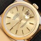 ROLEX MENS DATEJUST 16013 18K YELLOW GOLD STEEL CHAMPAGNE BLACK LEATHER WATCH