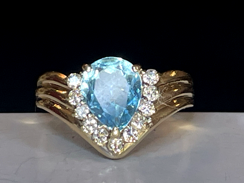14K GOLD BLUE TOPAZ & DIAMOND RING NATURAL GEMSTONE SIGNED - Picture 3 of 16