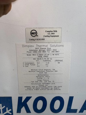 KOOLANT KOOLERS Dimplex Chiller, WO2-2-5000-2P-NF-L-M-407C, R407C