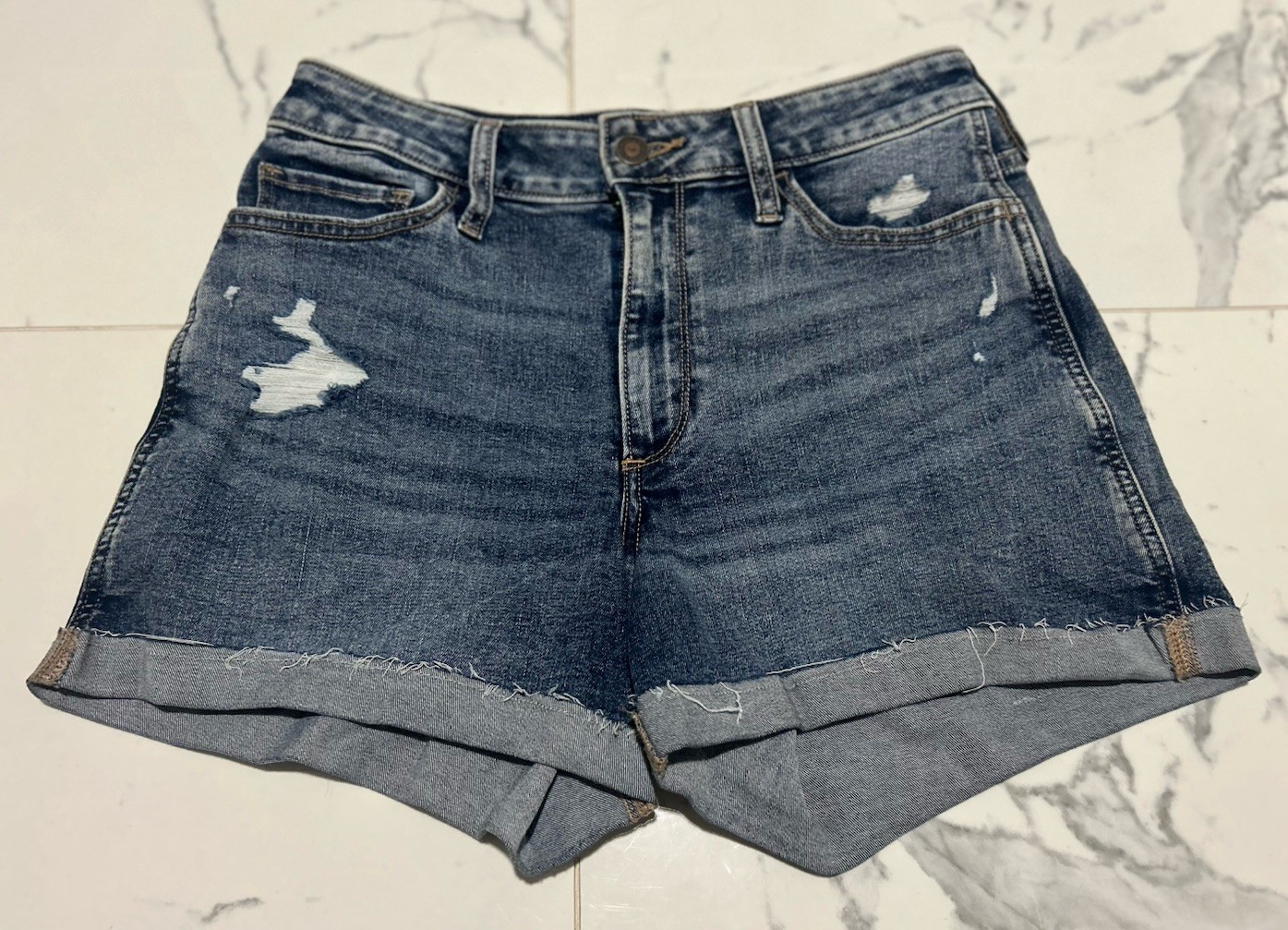 Hollister Curvy High-Rise Classic Denim Shorts Blue Distress