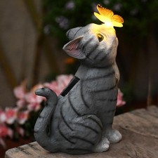 Solar Cat Garden Figurines Outdoor Decor Statue with Lights for Patio Balcony...