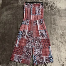 Purple Snow Women's Patchwork Print Strapless Wide Leg Jumpsuit Cropped Size L