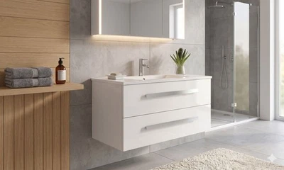 Badmöbel Rapperswill weiß 90 cm Badschrank Hochglanz Keramik Waschtisch - Bild 1 von 4