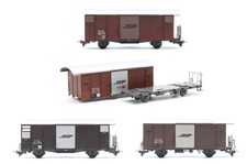 BEMO HACKE/HOM SPUR SCHWADER MIT 4 GEDECKTEN GÜTERWAGEN RHB