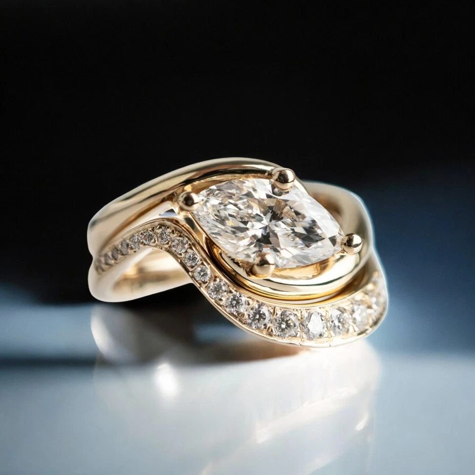 Juego de anillos de diamantes Marqués cultivado en laboratorio de 1,4 quilates certificado IGI oro amarillo de 14 k Foto 4 de 4