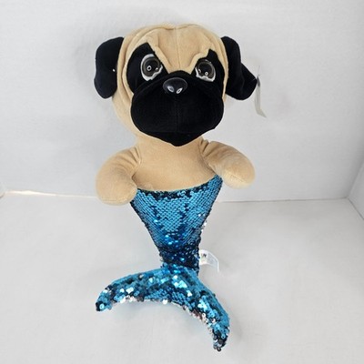 Fun Express Dog Mermaid Plush Tan Black Blue Sequin Pug Stuffed Animal Toy