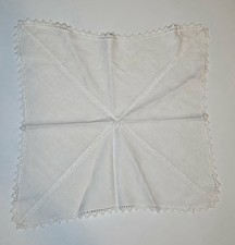 Vintage White Linen Handkerchief Lace Trim Drawnwork Square Hanky