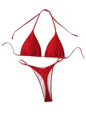 Women's High Cut Thong Bikini Sets Halter Triangle Top Swimsuit Bathing Suit ...