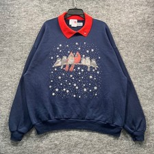 Vintage Morning Sun Birds Snowflakes Sweatshirt Navy Red Collar USA Made