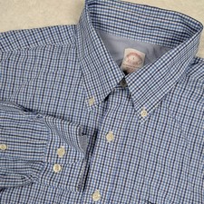 Brooks Brothers Shirt Mens Large Blue Gingham Regular Fit Non Iron Dress Cotton