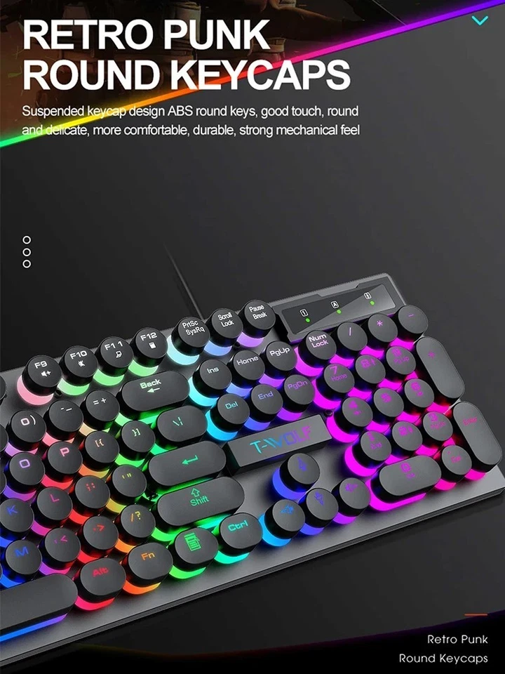T-WOLF Shadow Wired Gaming Keyboard Mechanical Feel RGB Backlit 104 Keys USB - Image 2 of 4