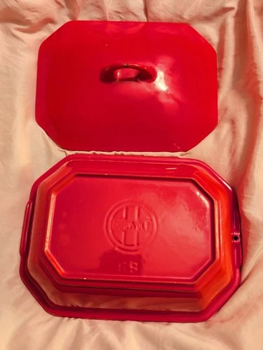 Griswold Cast Iron Red and Cream Enameled #69 Veggie Dish with Matching Lid