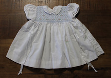 VTG Imperial Hand Smocked White Blue Flowers Embroidered Baby Dress Sleeve 12 mo