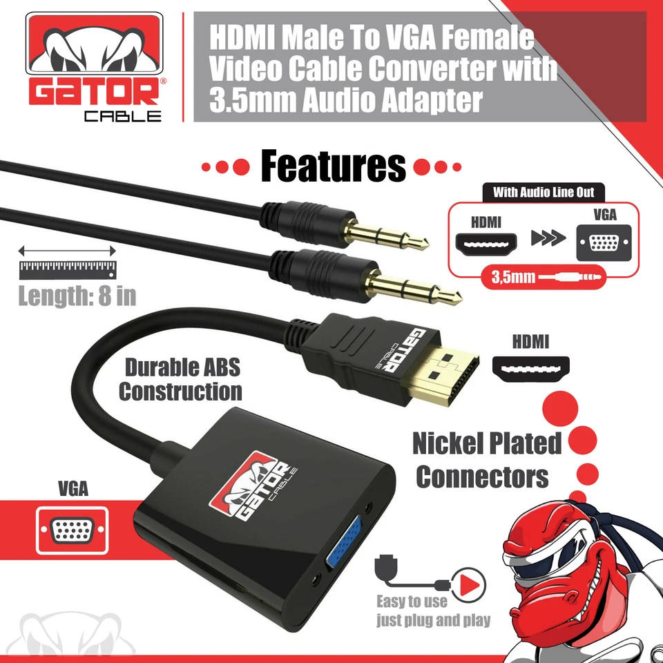 HDMI to VGA Adapter Video Audio with AUX 3.5mm Connector Cable Converter 1080P - Image 2 of 4
