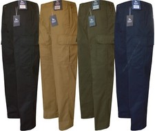 Cargo Trousers Plain Utility Elasticated Waist Open Hem w/ 6 Pockets by Beebizco