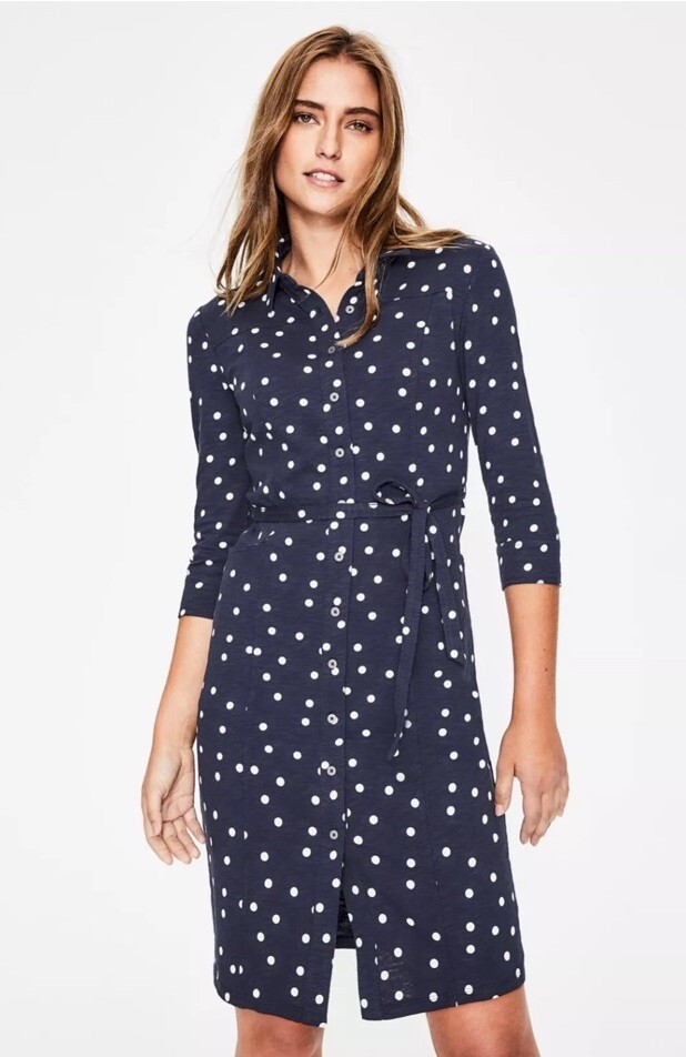Boden Tara Jersey Navy White Polka Dot Shirt Belt Button Front Dress  Nautical 8