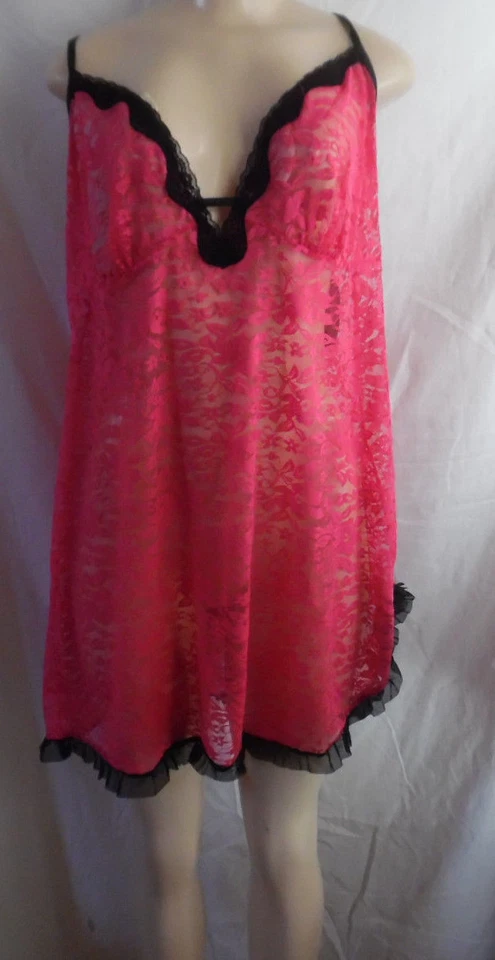 -PINK BLACK LACE BABYDOLL SPAGHETTI STRAPS CHEMISE NIGHTGOWN BRA XL 16 - 18 - Image 2 of 4