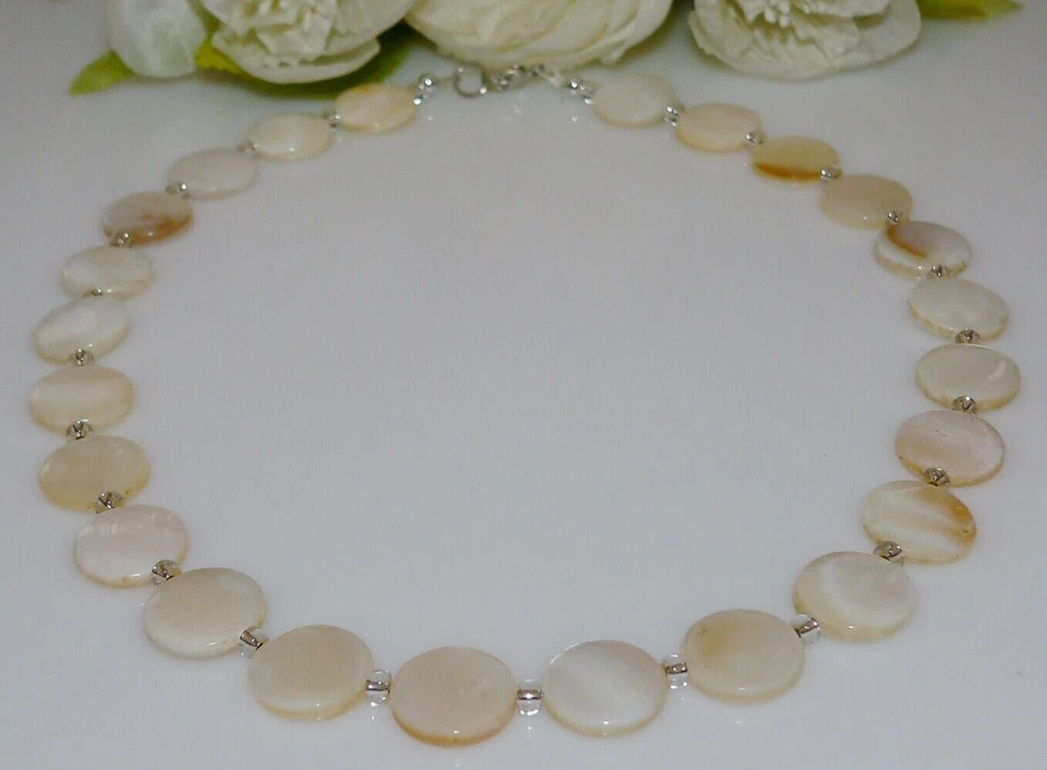 Halskette Kette Collier Muschel Perlmutt Scheibe Ø15mm natur weiss creme 405n - Bild 3 von 4