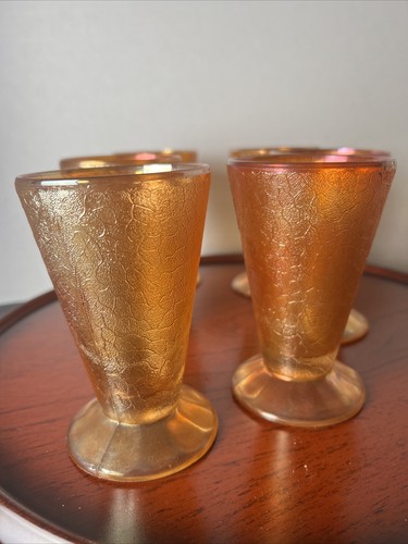 Pitcher and 6 Footed Cups Jeanette Marigold Crackle Carnival Glass Beverage Set - Picture 3 of 17