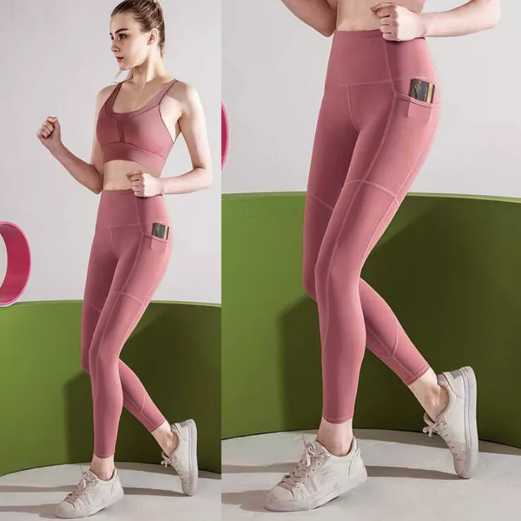 NEW Janice Active High Waist Side Pockets Full Length Leggings Dark Mauve  Pink M