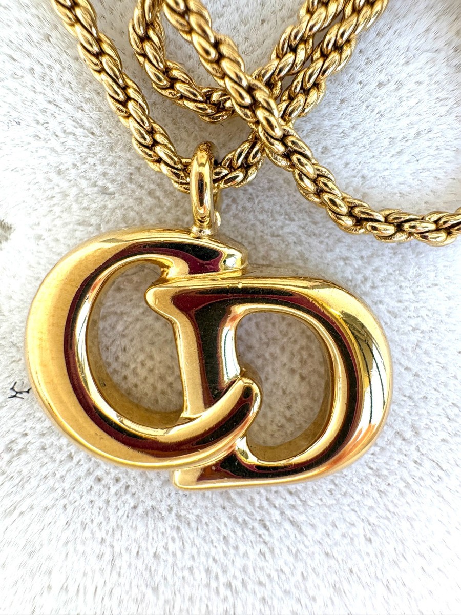 Auth Christian Dior Large CD Logo Vintage Rope Necklace Gold Box