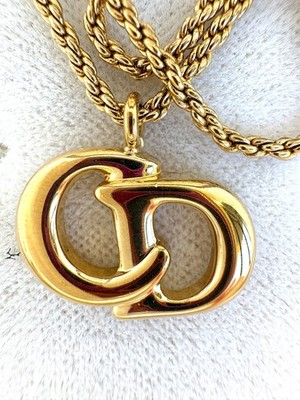 Auth Christian Dior Large CD Logo Vintage Rope Necklace Gold Box