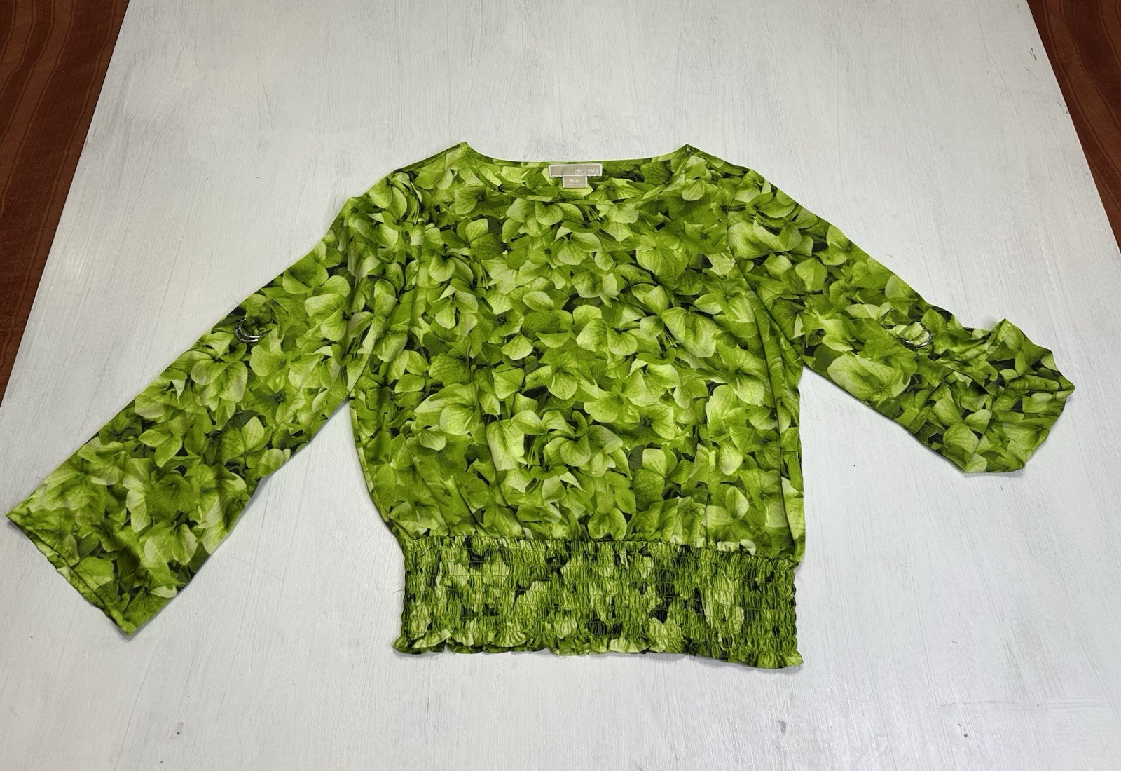 Michael Kors Petite M Green Floral Smocked Blouse Roll Tab Long Sleeve thumbnail 2